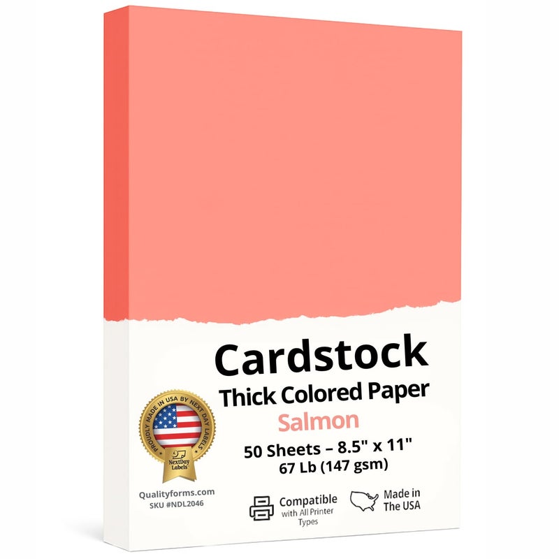 NextDayLabels Color Cardstock Paper - 50 Sheets - 8-1/2" x 11" - Salmon 67 lb (147 gsm) - Thick Colored Paper for Crafting, Invitations, Posters, Flyers, and DIY Projects - Made in USA - Image 1